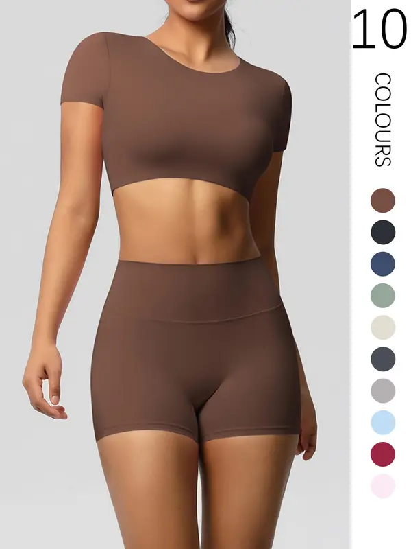 Two-Piece Set Women's Solid Ribbed Crop Top & High Waist Shorts Tracksuit Set, Breathable Comfortable Seamless for Yoga Gym Workout Running, Ladies Sportswear for All Seasons 4