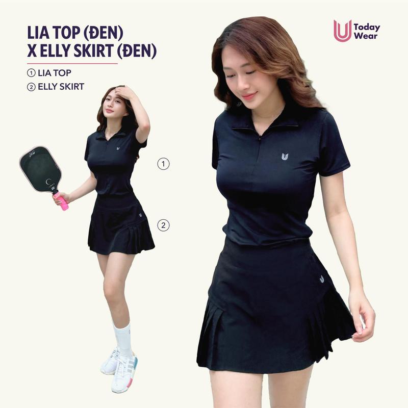 Set bộ đồ thể thao nữ áo Lia Top đen mix chân váy Elly Skirt đen Today U Wear Sport