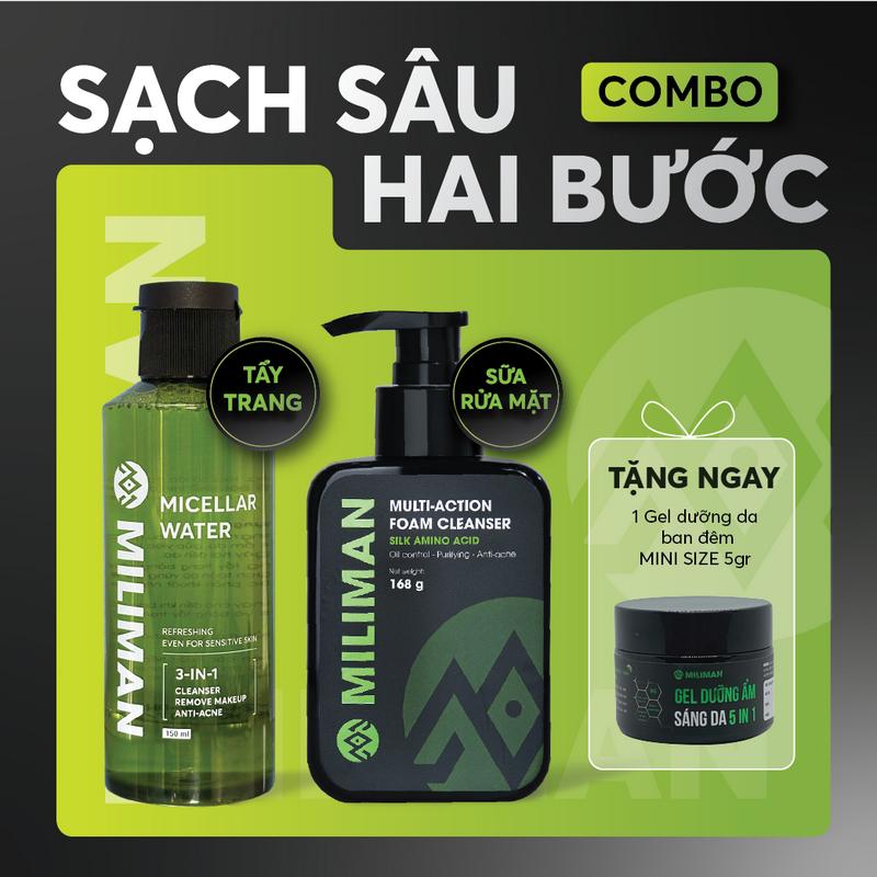 Combo Sạch Sâu 2 Bước MILIMAN Gồm Tẩy Trang Micellar Water Rau Má Tràm Trà 150ml và Sữa Rửa Mặt Amino Acid Vector 150ml | Tặng Kèm 1 Gel Dưỡng Ban Đêm MINISIZE 5 GR Skincare