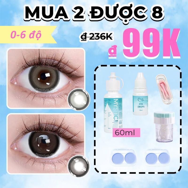[Mua 2 được 8]0-6 độ MYSTIC EYES Kính áp tròng 2 cặp lens 14.0mm-14.5mm + 2 khay đựng lens + 1 lọ nước ngâm lens 60ml + 1 lọ nước nhỏ mắt 10ml + 1 dụng cụ rửa lens + 1 set dụng cụ đeo lens lens  cứng