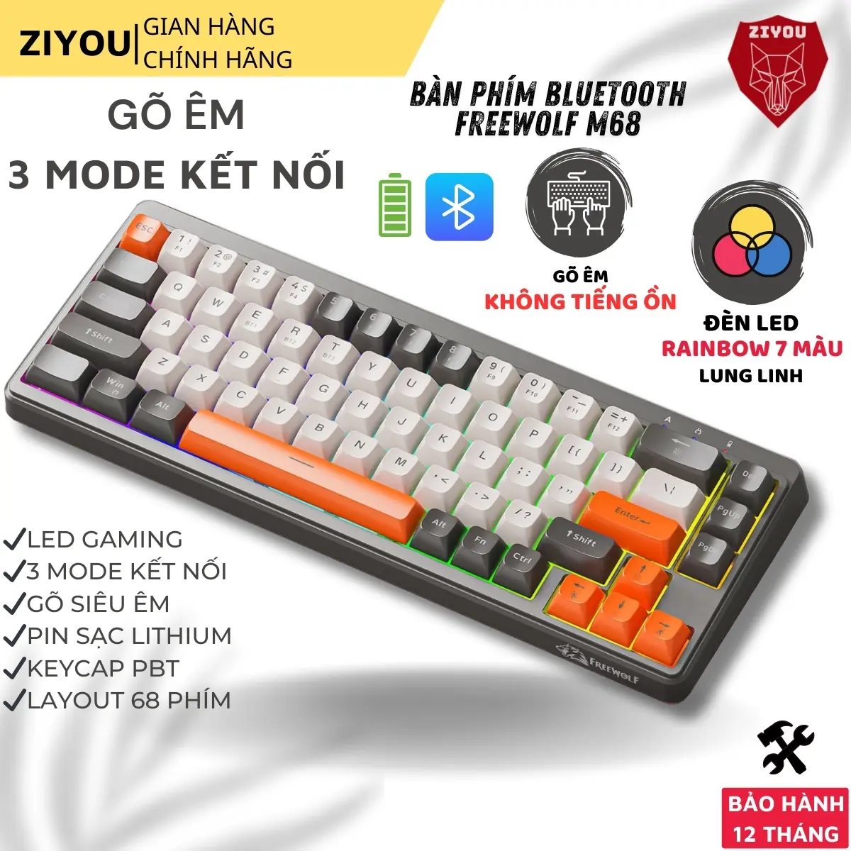 Bàn Phím MINI Không Dây Ziyou FreeWolf M68 Full LED Gõ Êm Giảm Ồn 3 Chế Độ Kết Nối Tương Thích Máy Tính, Điện Thoại
