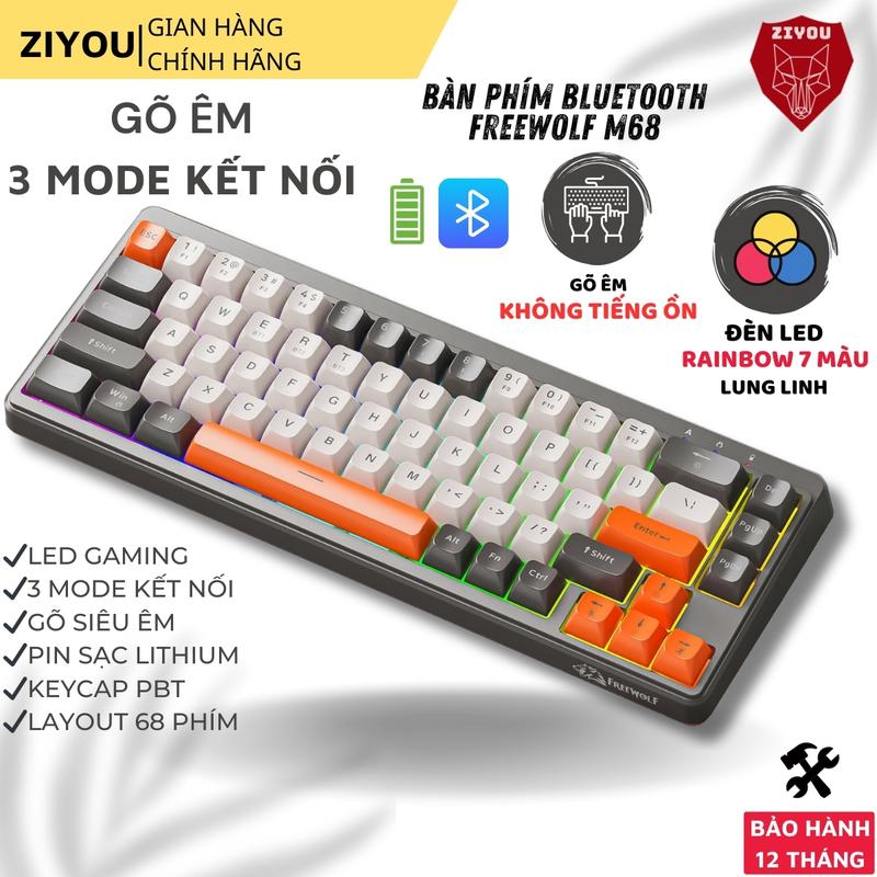 Bàn Phím MINI Không Dây Ziyou FreeWolf M68 Full LED Gõ Êm Giảm Ồn 3 Chế Độ Kết Nối Tương Thích Máy Tính Điện Thoại