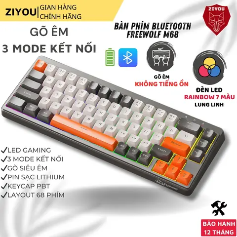 Bàn Phím MINI Không Dây Ziyou FreeWolf M68 Full LED Gõ Êm Giảm Ồn 3 Chế Độ Kết Nối Tương Thích Máy Tính, Điện Thoại