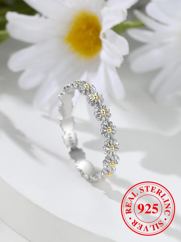 925 Sterling Silver Fashion Flower Design Ring, Boho Style Ring for Women, Casual Jewelry for Party, Daily Decor, Trendy Exquisite Jewelry for Birthday Gift 2