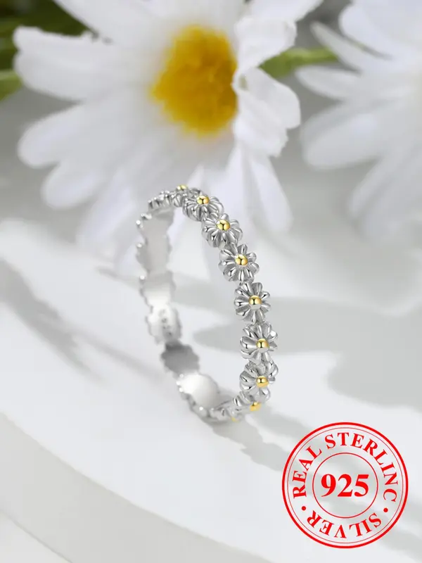 925 Sterling Silver Fashion Flower Design Ring, Boho Style Ring for Women, Casual Jewelry for Party, Daily Decor, Trendy Exquisite Jewelry for Birthday Gift 2