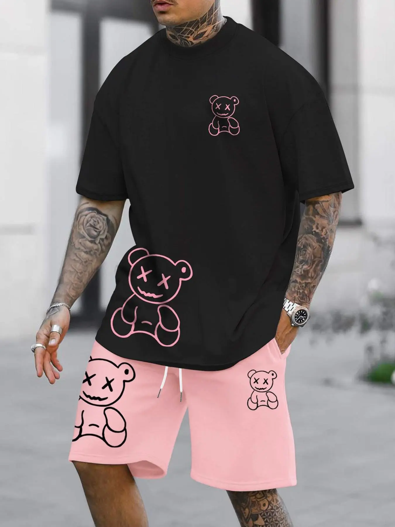 Two-Piece Set Men's Cartoon Bear Print Tee & Shorts, Regular Fit Casual Fashion Cozy Round Neck Short Sleeve T-shirt & Track Shorts for Daily Outdoor Wear, Men Clothes for Summer