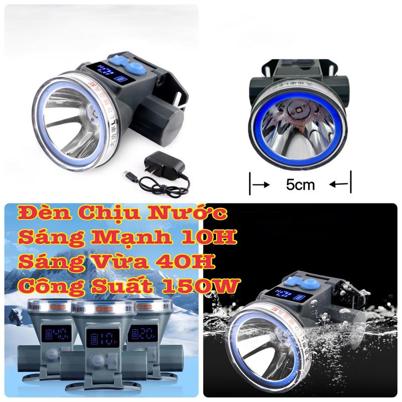Đèn pin Đội Đầu chịu nước sáng 40H, công suất 150W, chiếu xa 300M, có Sạc Type C sạc pin và dây Đeo Đầu- Đèn thợ lặn- Đèn pin siêu sáng- Có màn hình Led báo pin