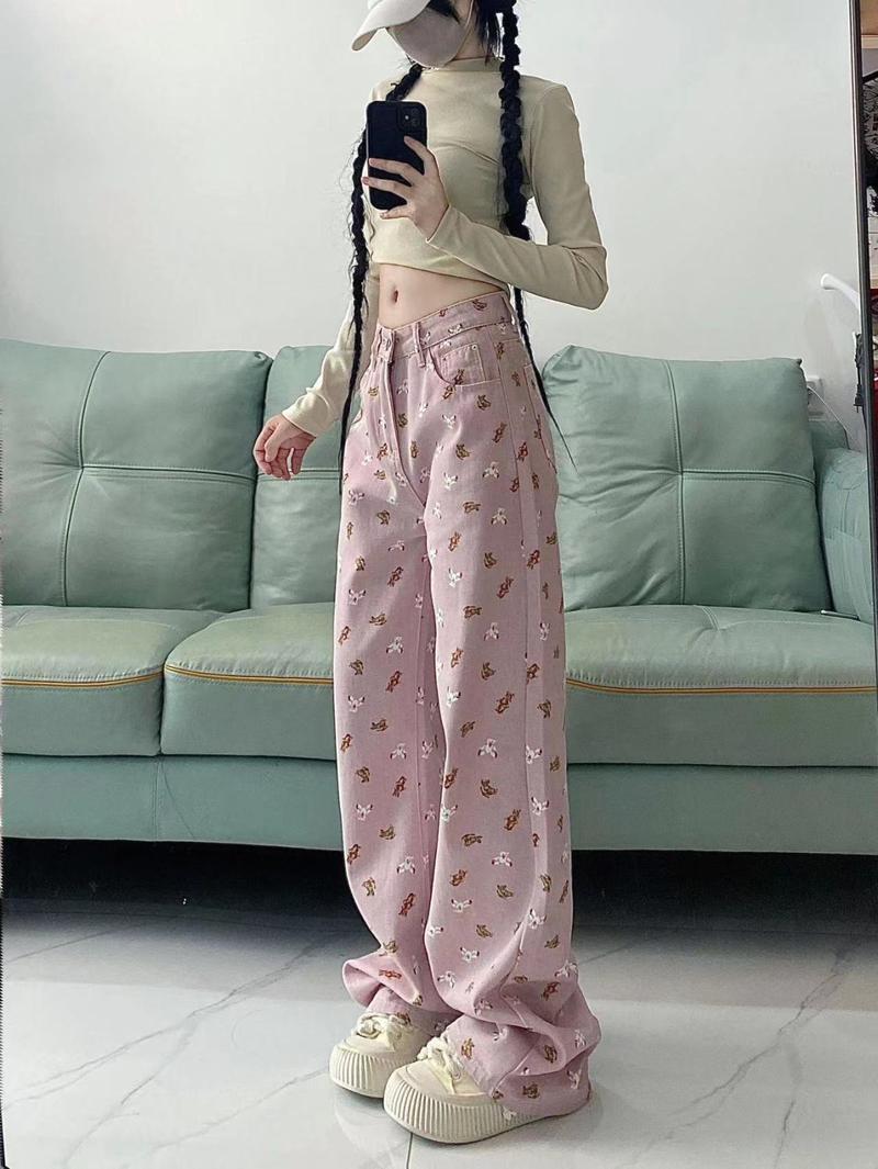 Product Introduction of Quần Jean Ống Đứng, Thiết Kế Màu Hồng, In Hình Gấu, Dành Cho Nữ, Trang Phục Mùa Thu, Cạp Cao Nhỏ Dáng Rộng Rãi Và Bó Sát, Quần Ống Rộng, Thời Trang Women Ong Pants Lưng Cao 13