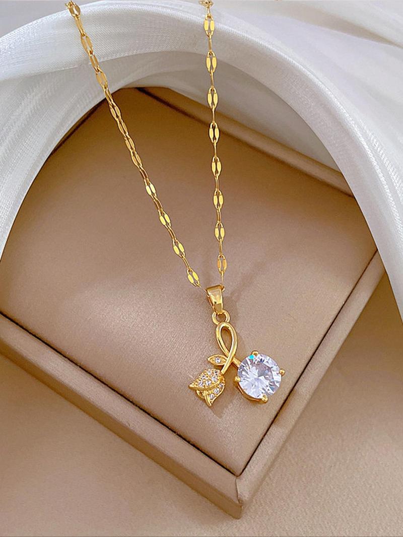 Product Introduction of Artificial Zircon Rose Design Pendant Necklace, Elegant Charm Necklace for Women for Party, Daily, Trendy All-match Jewelry for Birthday Gift 2