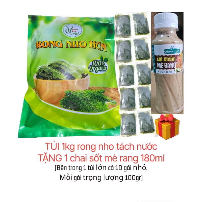 Túi 1kg Rong Nho Tách Nước + Tặng 1 chai sốt mè rang 180ml = 10 gói nhỏ mỗi gói 100gr