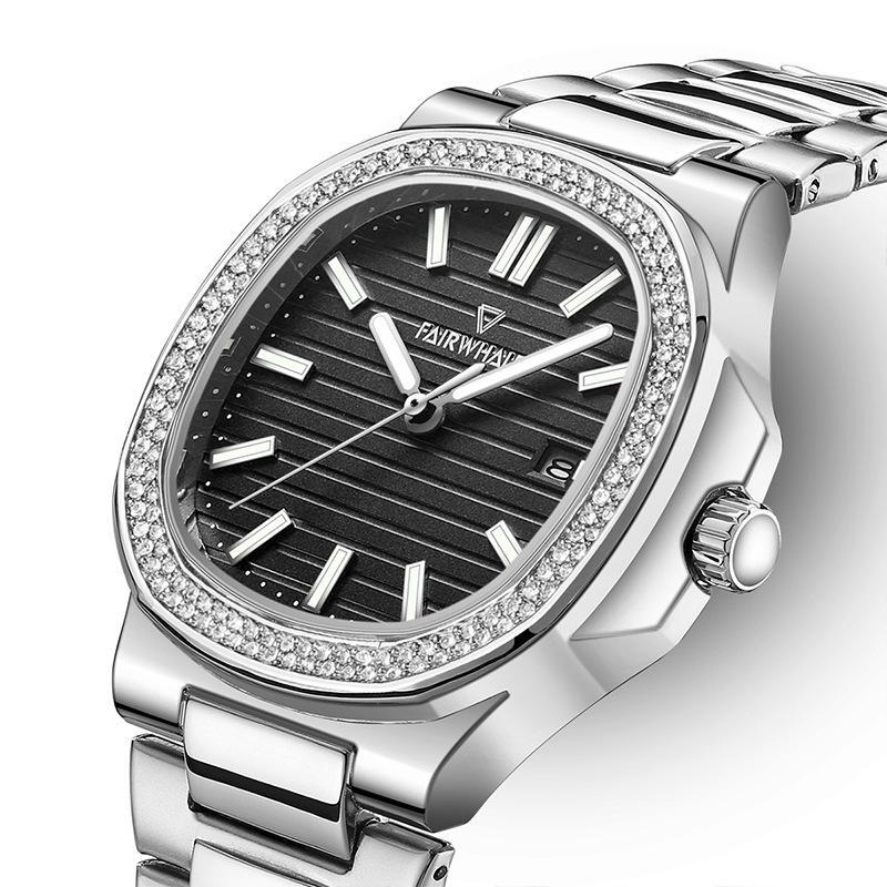 Đồng hồ nam nữ đính đá Mark FairWhale dây thép size 42mm dây thép không gỉ, đồng hồ unisex nam nữ chống nước 5
