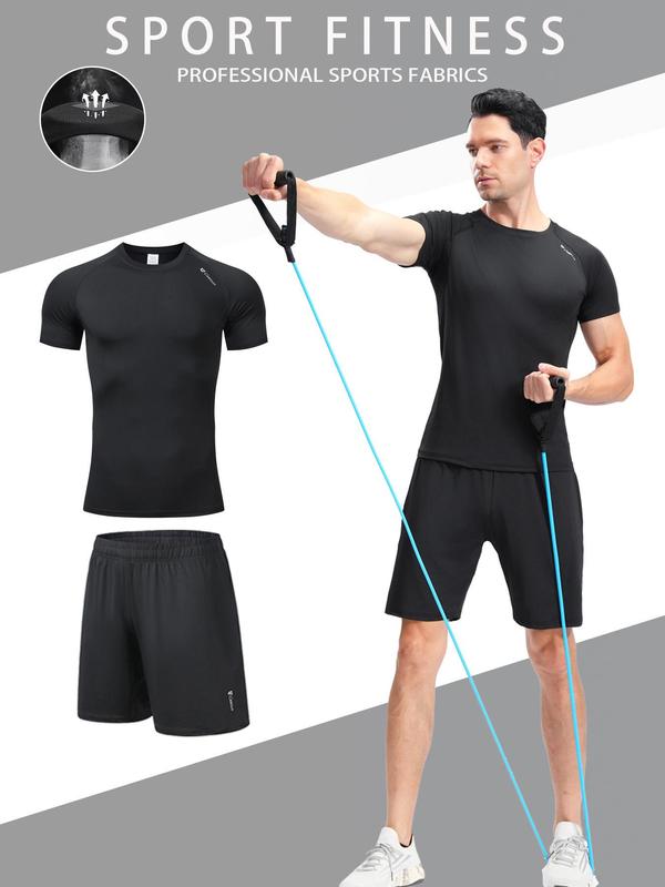 Two-Piece Set Men's Solid Color Sportswear Set, High Stretch Breathable Quick Drying Round Neck Short Sleeve Compression T-shirt & Pocket Design Drawstring Waist Gym Shorts, Casual Sportswear Set for Running Gym Workout 2