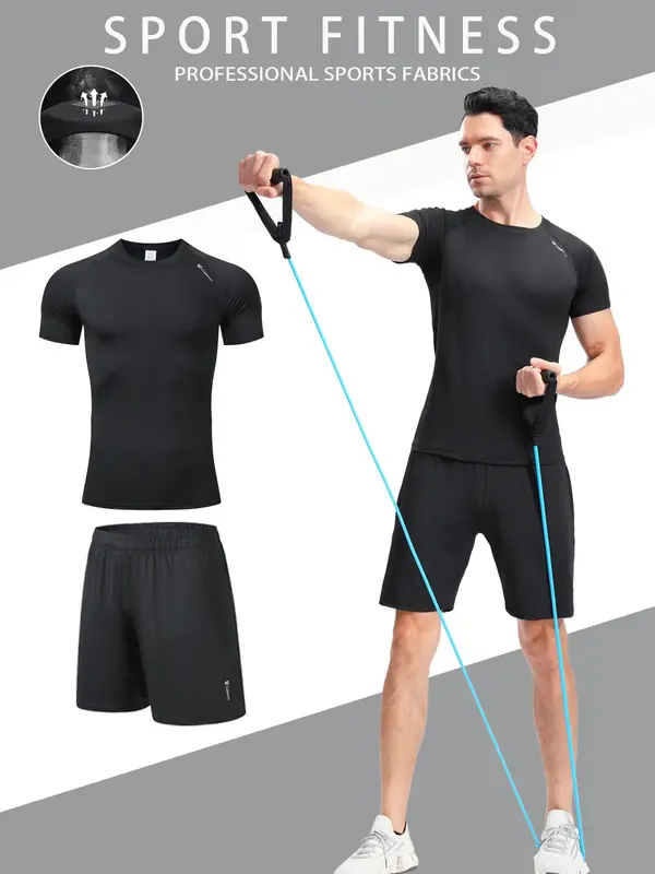 Two-Piece Set Men's Solid Color Sportswear Set, High Stretch Breathable Quick Drying Round Neck Short Sleeve Compression T-shirt & Pocket Design Drawstring Waist Gym Shorts, Casual Sportswear Set for Running Gym Workout 2