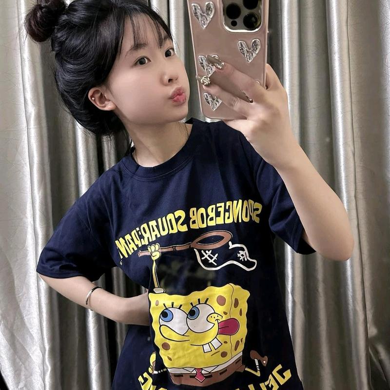 (chất cotton khô) Áo Thun Nam Nữ In hình Bọt biển, phong cách cá tính 5