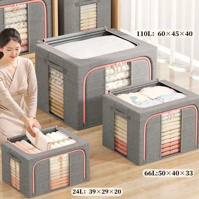 Kebutuhan keluargaLinen katun berkualitas tinggi Storage Box  Kotak penyimpanan pakaian besar  Serbaguna Rumah organizer box Lipat Frame baja  box storage organizer box storage 4