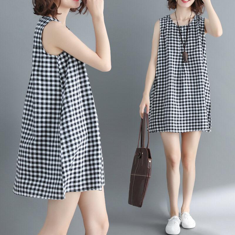 Váy Vest Không Tay Gingham, Màu Đen Và Trắng, Dành Cho Nữ, Hàng Mới Về Mùa Hè 2023, Phong Cách Nghệ Thuật, Ngoại Cỡ, Dáng Rộng Vừa Vặn, Thích Hợp Cho Học Sinh, Váy Chữ A Kiểu Chữ A Women Dress Khuy 0