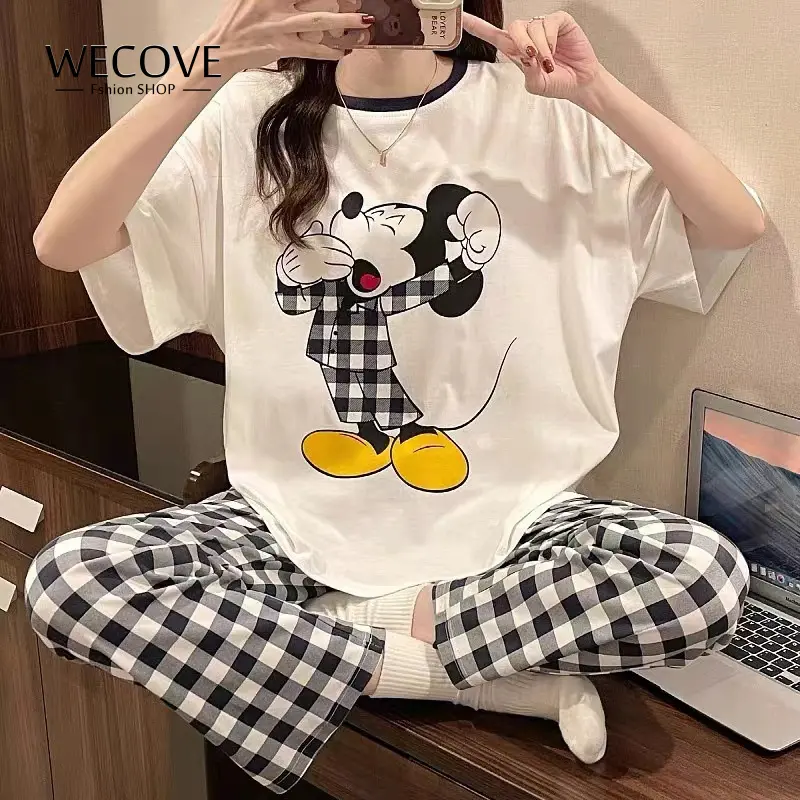 WECOVE Large Cartoon Pajamas For Women In Summer, Short Sleeved Korean Version, Cute Spring And Autumn Pants, Thin And Loose Fitting Home Suit Set