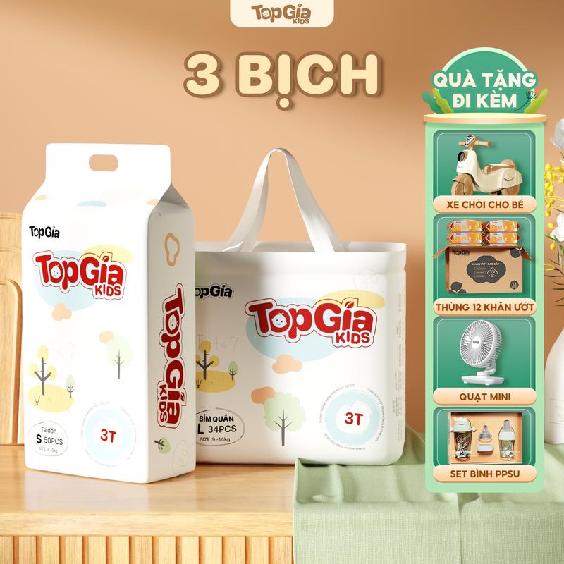 (LIVE) (3 BỊCH) (TẶNG QUÀ) Tã/Bỉm TopGiaKids pH < 7 ngừa hăm, đai chun đệm mây mềm mại co dãn 4 chiều, thấm hút bề mặt khô thoáng size S đến XXXL cho bé từ 4-20kg (bỉm)