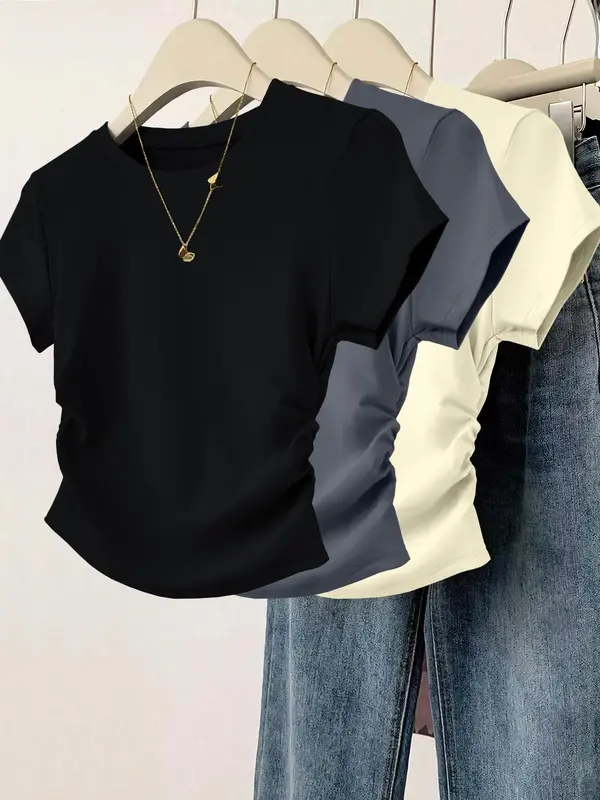 Women's Plain Curved Hem Ribbed Tee, Casual Short Sleeve Round Neck T-shirt for Daily Wear, Ladies Clothes for All Seasons, Top, Womenswear 8