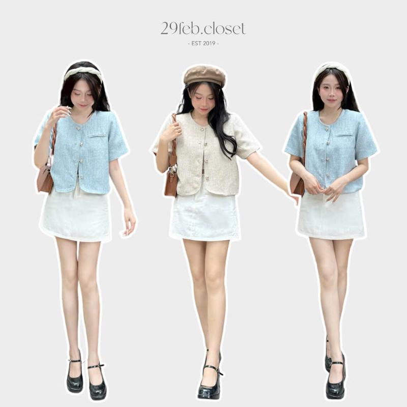 Áo blazer nữ chất dạ text ngắn tay cổ tròn 29feb.closet dáng lửng basic thời trang - Aa472 Women Top Jacket Kem
