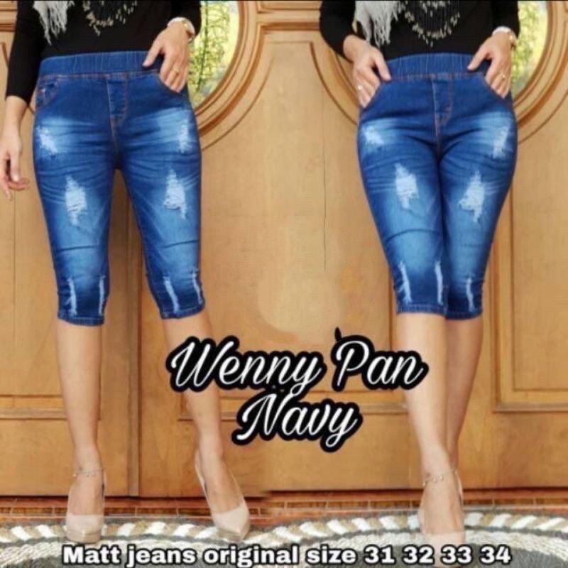 celana jeans pendek wanita jeans 7/8 list legging jeans pinggang kolor rip jeans sobek street Brown Kancing Soft Melar Navy 1