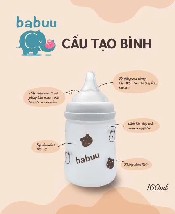 Bình sữa thủy tinh bọc silicone cho bé sơ sinh Babuu cổ rộng 160ml với núm ti siêu mềm và có thể điều chỉnh khớp ngậm cho bé 6