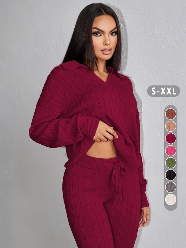 Two-piece Set Women's Solid Color Twisted Texture Drop Shoulder Sweater & Drawstring Waist Pants, Casual Fashion Cozy Knitwear Set for Daily Outdoor Wear, Outfits 2 Piece Set, Women Knitwear for Fall & Winter 6