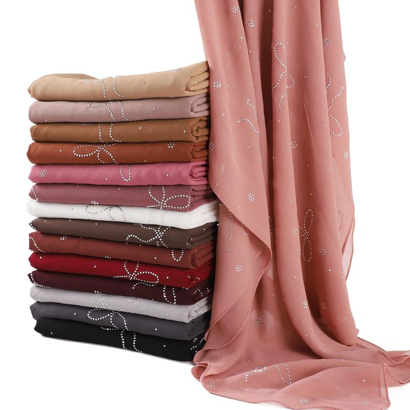 High-End Heavy Craft Bowknot Rhinestone Solid Color Chiffon Long Scarf Full Rhinestone Shawl Headscarf Cape Scarf Silk Scarf for Women 2