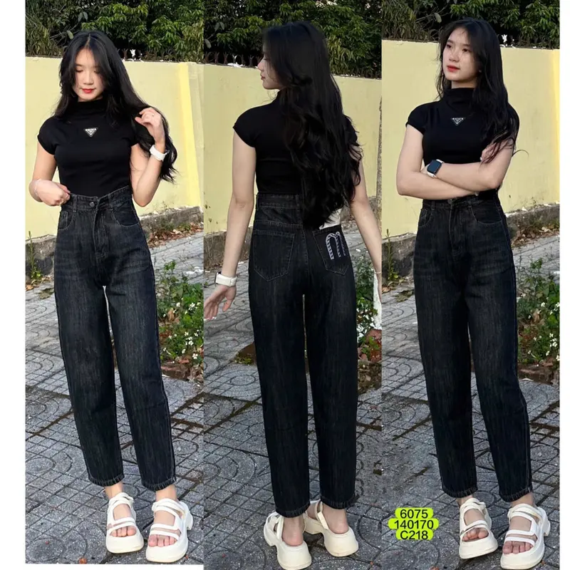 Quần Baggy Jean (Thêu chữ M) Lưng cạp cao, Ống suông vải Jean loại 1 4