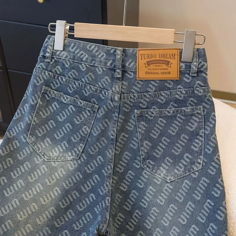 Quần Jean quét đất nhà thẳng in hình, dành cho phụ nữ, thiết kế mới đẹp, chữ Jacquard, quần ống rộng Dáng Rộng thích hợp cho mùa thu, năm 2025 Pants 6