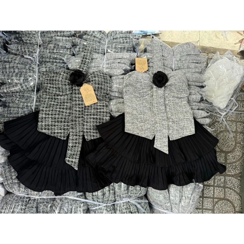 SET ÁO YẾM DẠ CÚP ᵰgực ĐÍNH HOA PHỐI CHÂN VÁY DẬP LI Women 1