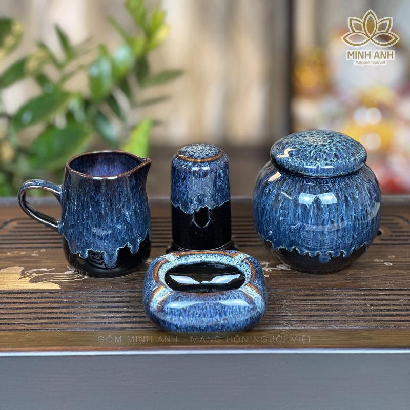 Mua lẻ các món Phụ kiện bộ ấm chén Bát Tràng nghệ nhân Nguyễn Văn Hải men Hỏa biến màu Cẩm Lai Xanh