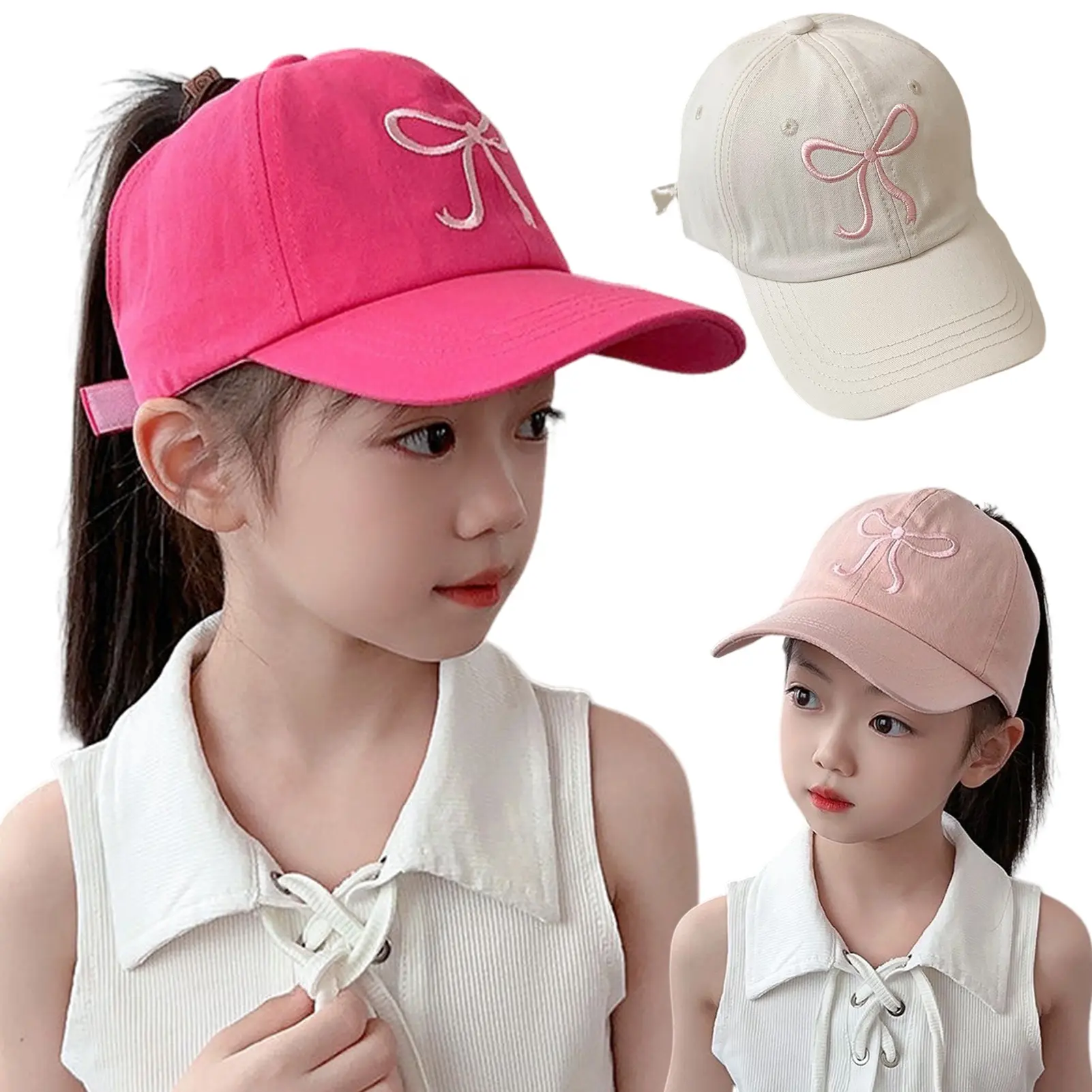 Mũ Bóng Chày, Phong Cách Mùa Hè, Dành Cho Bé Gái, Thể Thao, Có Nơ In, Mũ Đuôi Ngựa Cao, Mũ Chống Nắng, Có Thể Điều Chỉnh, Thích Hợp Cho Du Lịch, Mũ Lưỡi Trai Cho Bé Và Trẻ Em, Mũ Che Mặt