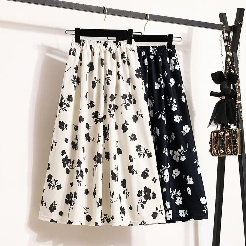 Floral Skirt Women's Summer Elegant High Waist Large Skirt Mid-length Overskirt