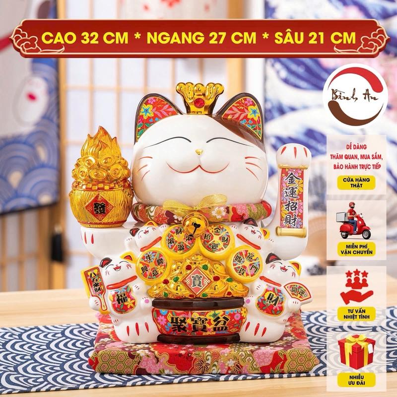Mèo Thần Tài Vẫy Tay Gốm Sứ Tráng Men Cao Cấp Mẫu Mới 2024 Chiêu Tài Hút Lộc Bậc Nhất - Phong Thuỷ Bình An