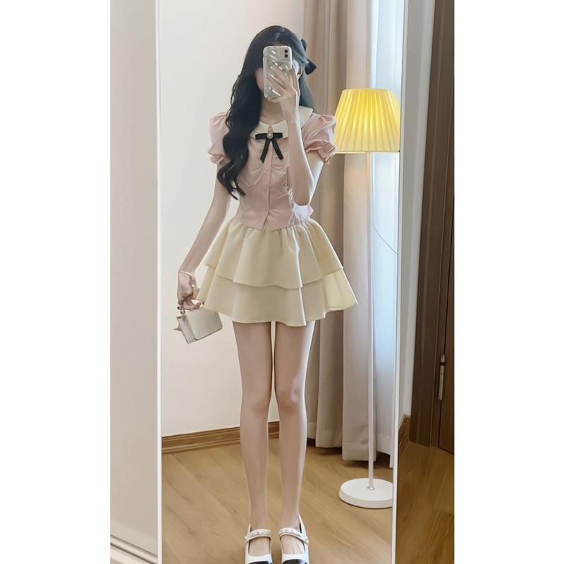 Set Áo Sơ mi Nữ Trắng Hồng Chiết Eo Chân Váy Đũi Sần 2 lớp, Đầm Nữ Chiết Eo Lên Dáng Siêu xᶖnh, Thời trang nữ hot trend 4
