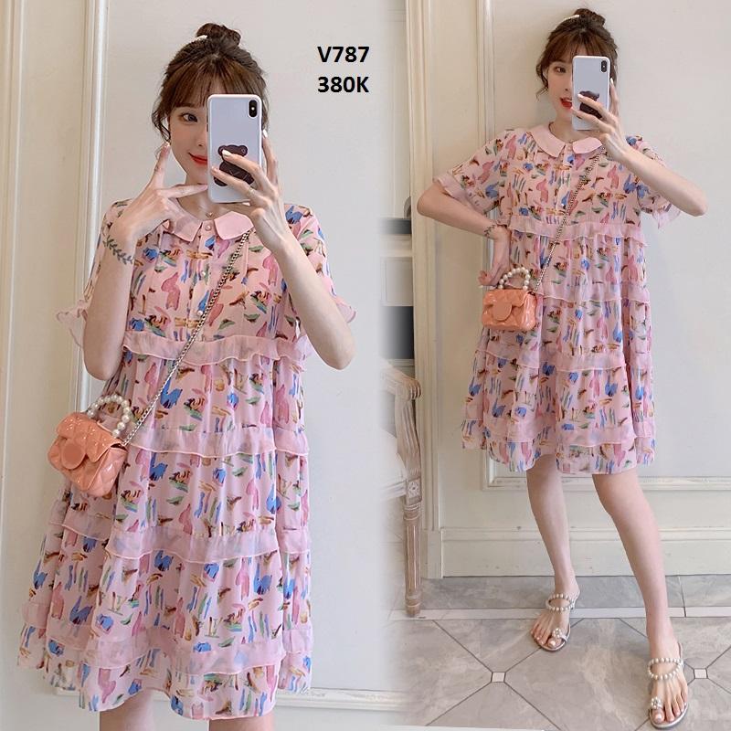  Váy Đầm bầu đi chơi đi làm công sở đi tiệc cực xinh V787 màu hồng ngọt ngào Váy Bầu Nữ Voan 