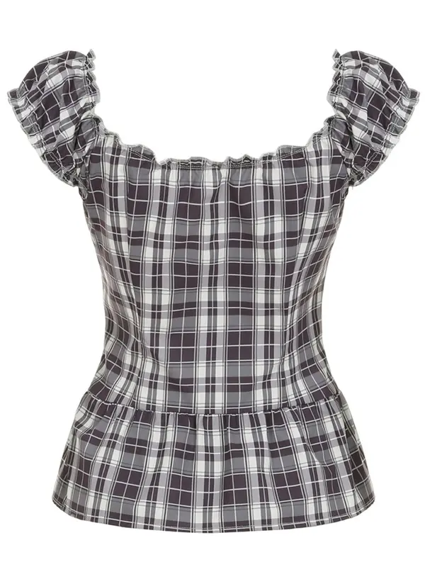 Women's Plaid Print Shirt, Casual Slim-fitting Short Sleeve Top for Summer, Ladies Clothes for Daily Wear 1