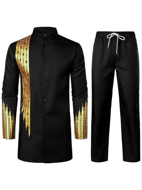 Men's Muslim Button Up Shirt & Trousers Set, Elegant Long Sleeve Button Front Top & Drawstring Waist Pants Set, Casual Spring & Fall Outfits for Men 0