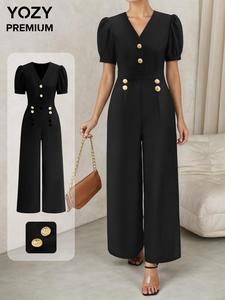YOZY Women's Solid Button Decor Jumpsuit, Fashion Casual Wide Leg Jumpsuit for Daily Outdoor Wear, Women Jumpsuits for Summer
