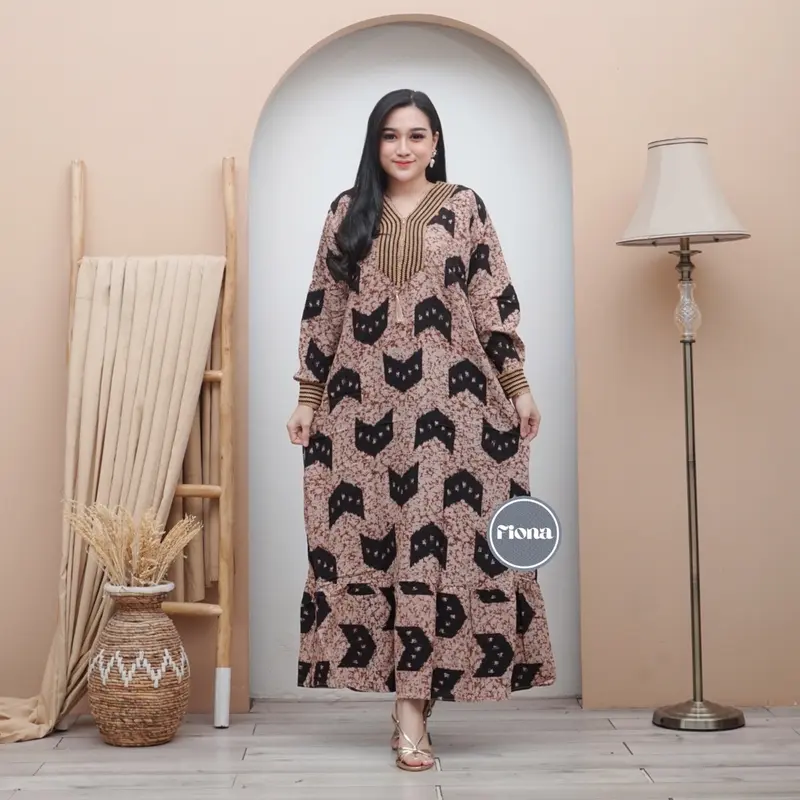 Gamis Renda Sultan Coklatan Rayon Premium Busui Motif Cap Terbaru Karet Muslim 2