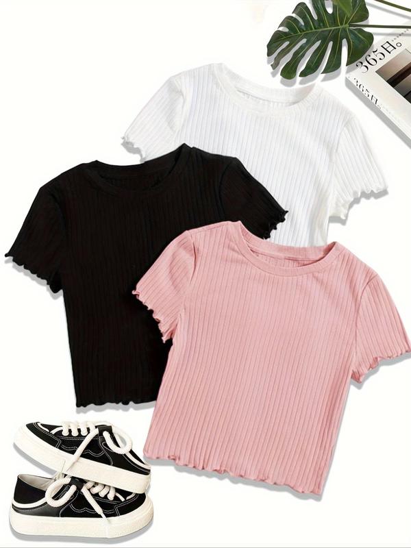 Women's Solid Lettuce Trim Round Neck Ribbed Tee, Casual Short Sleeve Crew Neck T-shirt for Summer, Fashion Women's Top for Daily Wear 6