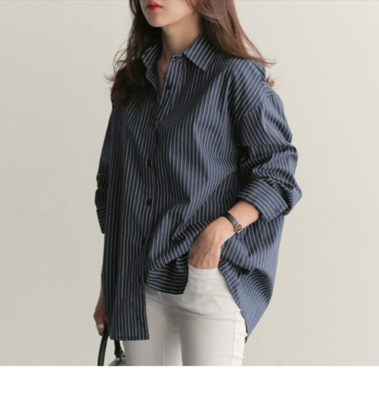 Product Introduction of 2023 Spring/Summer New Mid length Versatile Loose Blue Vertical Stripe BF Large Long Sleeve Shirt Women's Summer Han Style Top Blouse 2