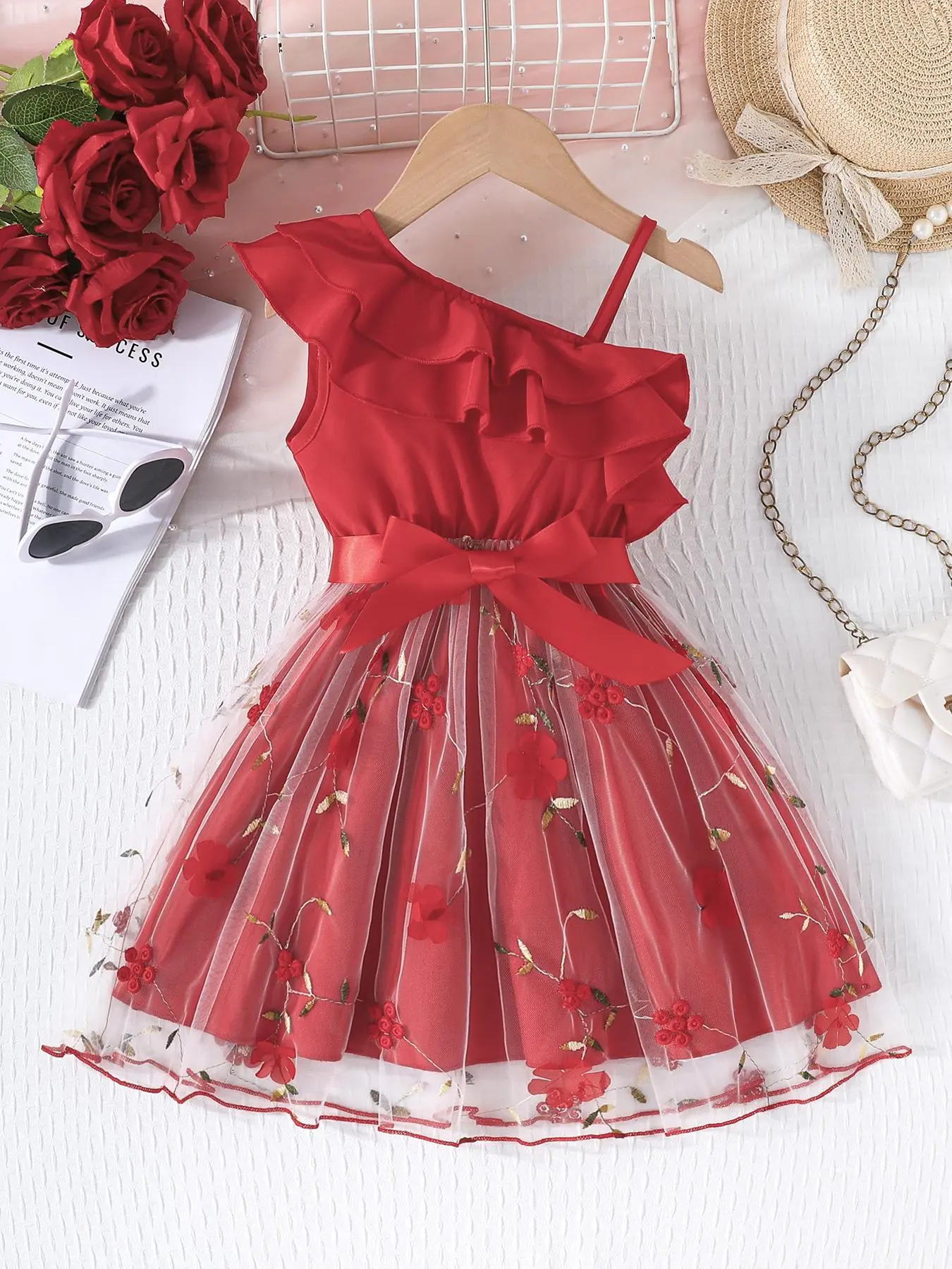 Girl's Floral Print Bow Decor Mesh Sweater Dress, Cute Casual Sleeveless A Line Dress for Party Holiday Wedding Guest, Kids Summer Clothes