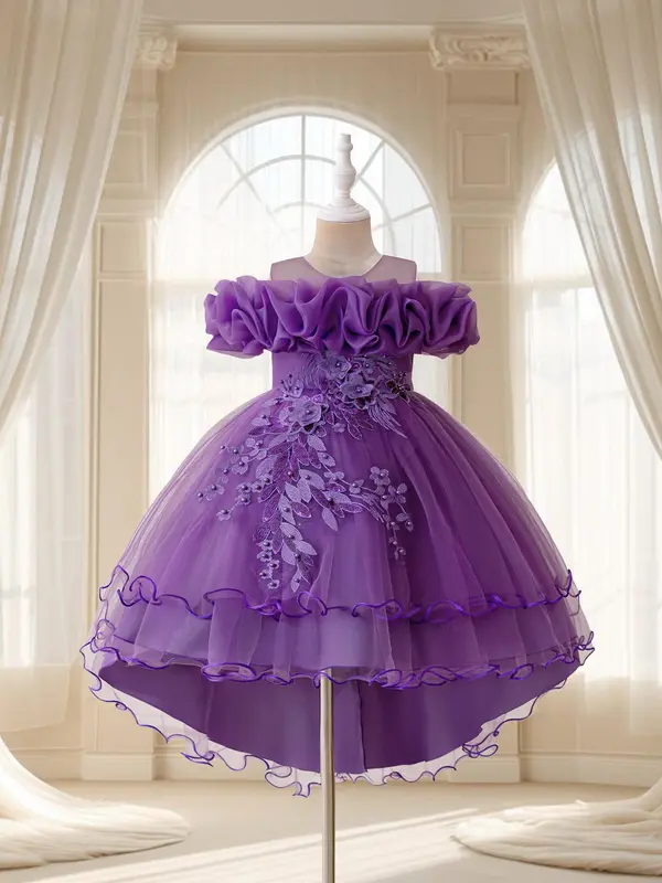 Girl's Floral Embroidery Layered Tulle Formal Dress, Elegant Party Tutu Dress for Performance Show Wear, Kids Clothes for All Seasons 4