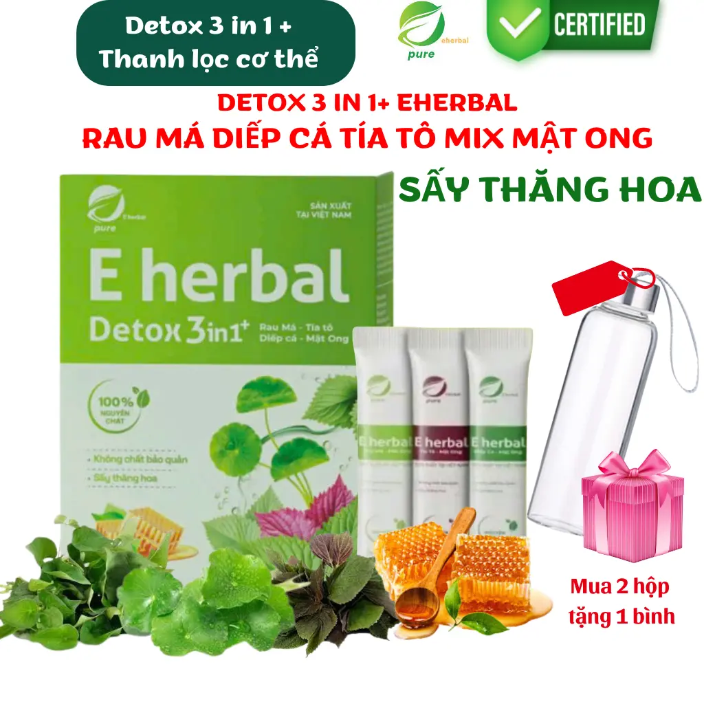 Bột DETOX 3 in 1+ (Rau má, Diếp cá, Tía tô mix Mật Ong) Eherbal Sấy Thăng Hoa - Hộp 15 gói tiện lợi