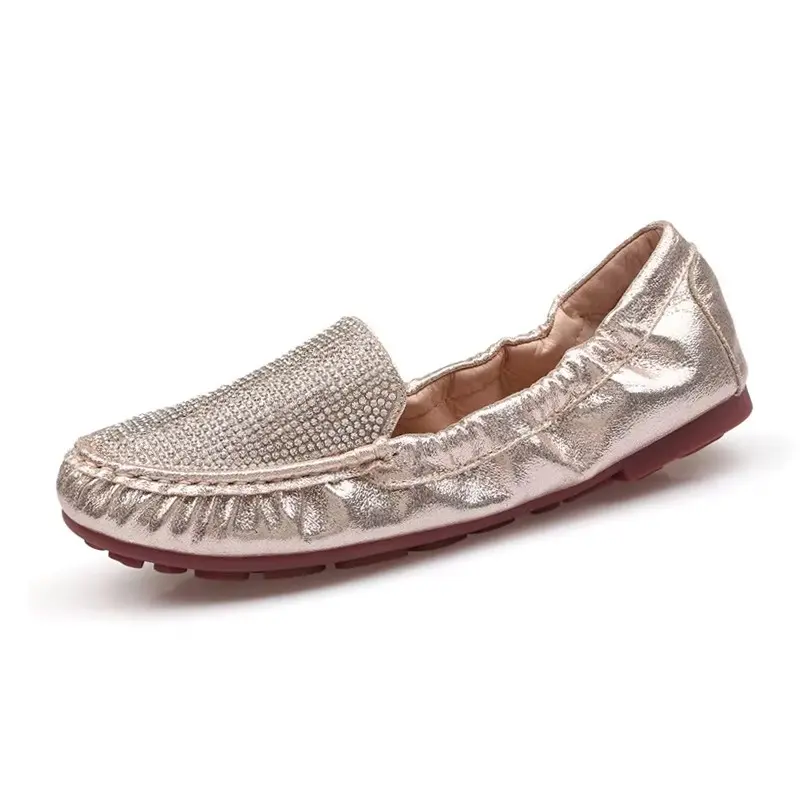 Elegant Woman Round Toe Cute Casual Flats Lady Egg Roll Rubber Mocasines Flats Female Crystal Rhinestone Gold Silver Shoes