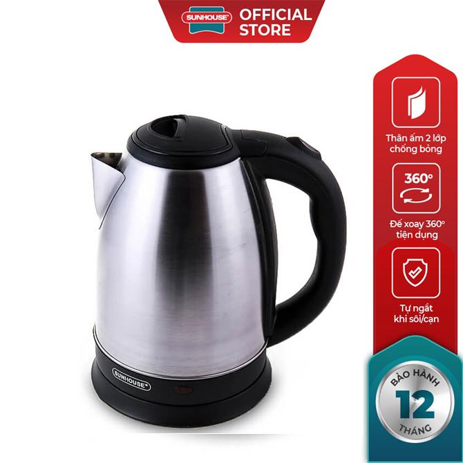 Ấm siêu tốc 1.8L Sunhouse SHD1182 - Tự ngắt khi nước sôi/cạn - Tay cầm chống nóng - Hàng chính hãng Đun Nước Bình Đun Nước Ấm Đun Ấm Siêu Tốc Đun Siêu Tốc Inox