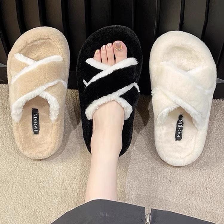 (Hàng L1) Dép lông quai chéo đế cao 4cm (mới về)