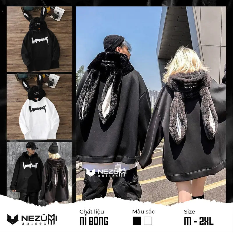 HD4 Áo hoodie nỉ bông tai thỏ dài siêu to khổng lồ chữ ngực thêu đáng yêu, mũ lông mềm unisex nam nữ 0